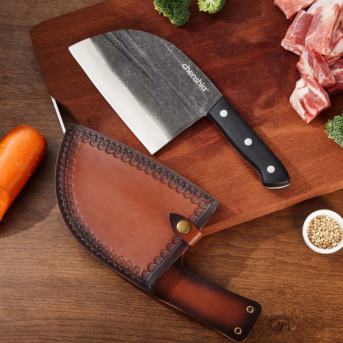 Hand-Forged Butcher Knife with Leather Sheath