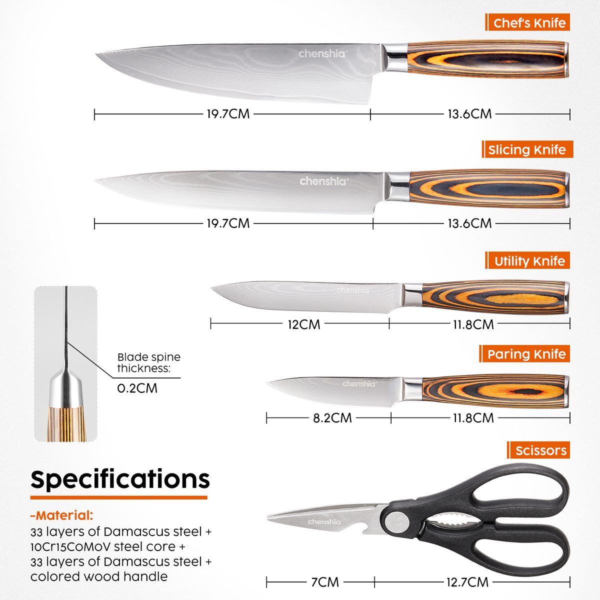 Silver Damascus Knife Set - 5 Piece