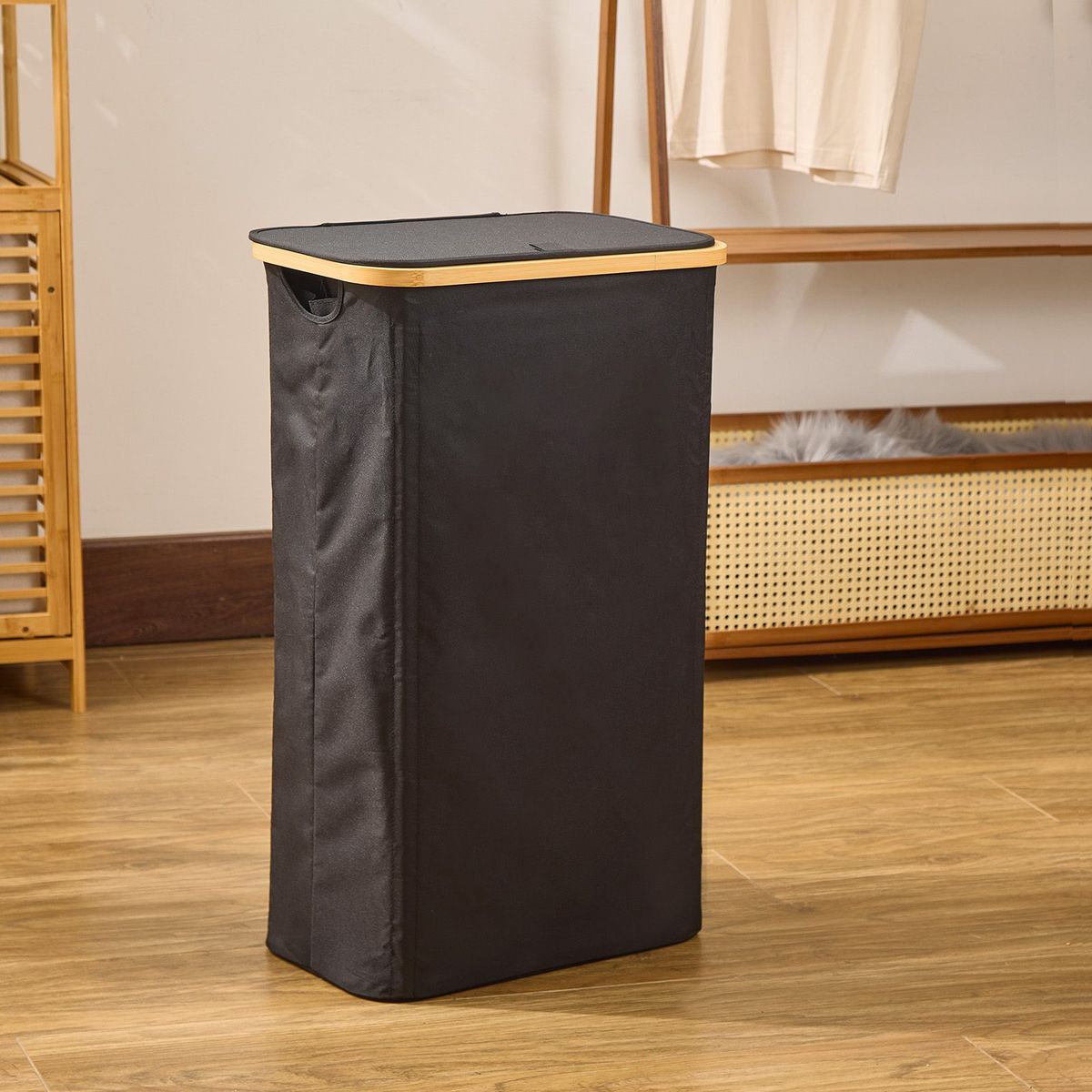 100L Collapsible Laundry Hamper with Lid & Removable Bag - Black