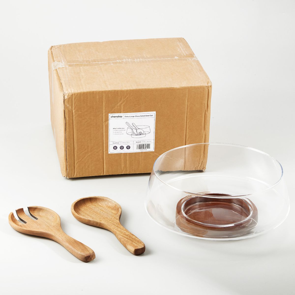 Glass Salad Bowl Set with Acacia Wooden Base & Utensils