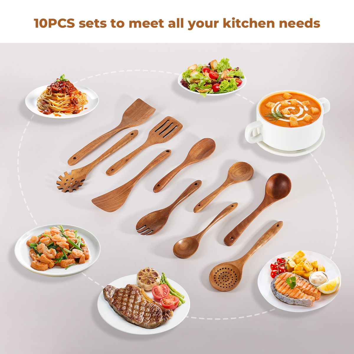 Acacia Wooden Utensils Set with 10 Hooks - 10Pc