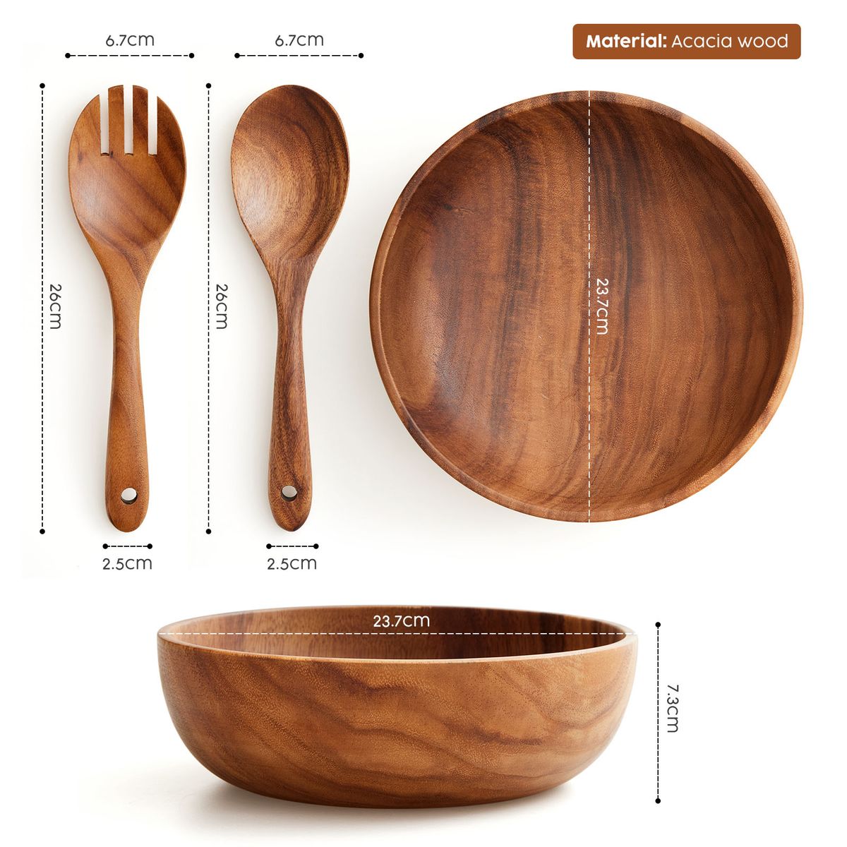 Chenshia Acacia Wood Salad Bowl With Fork Spoon Natural Tableware -23.7cm