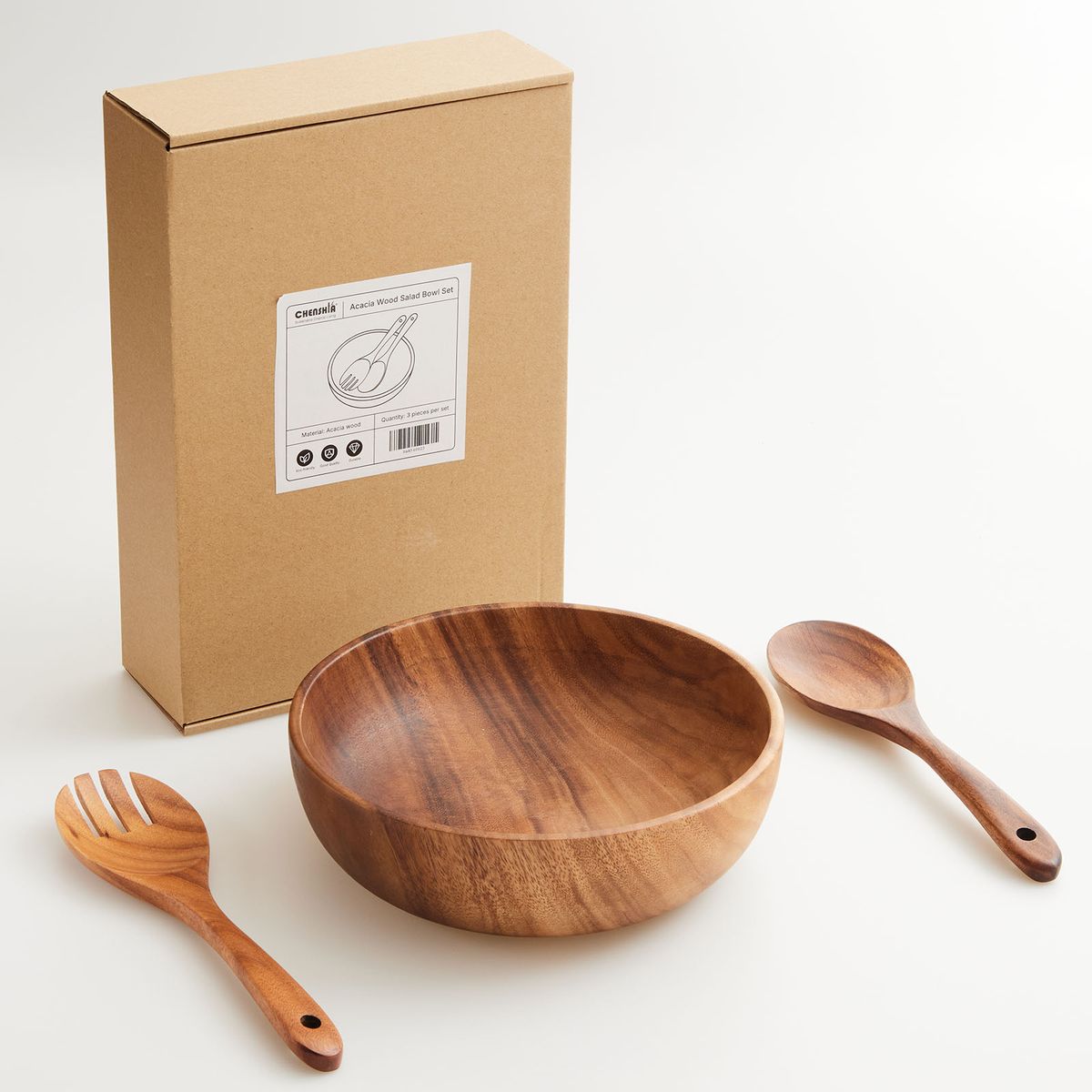 Chenshia Acacia Wood Salad Bowl With Fork Spoon Natural Tableware -23.7cm