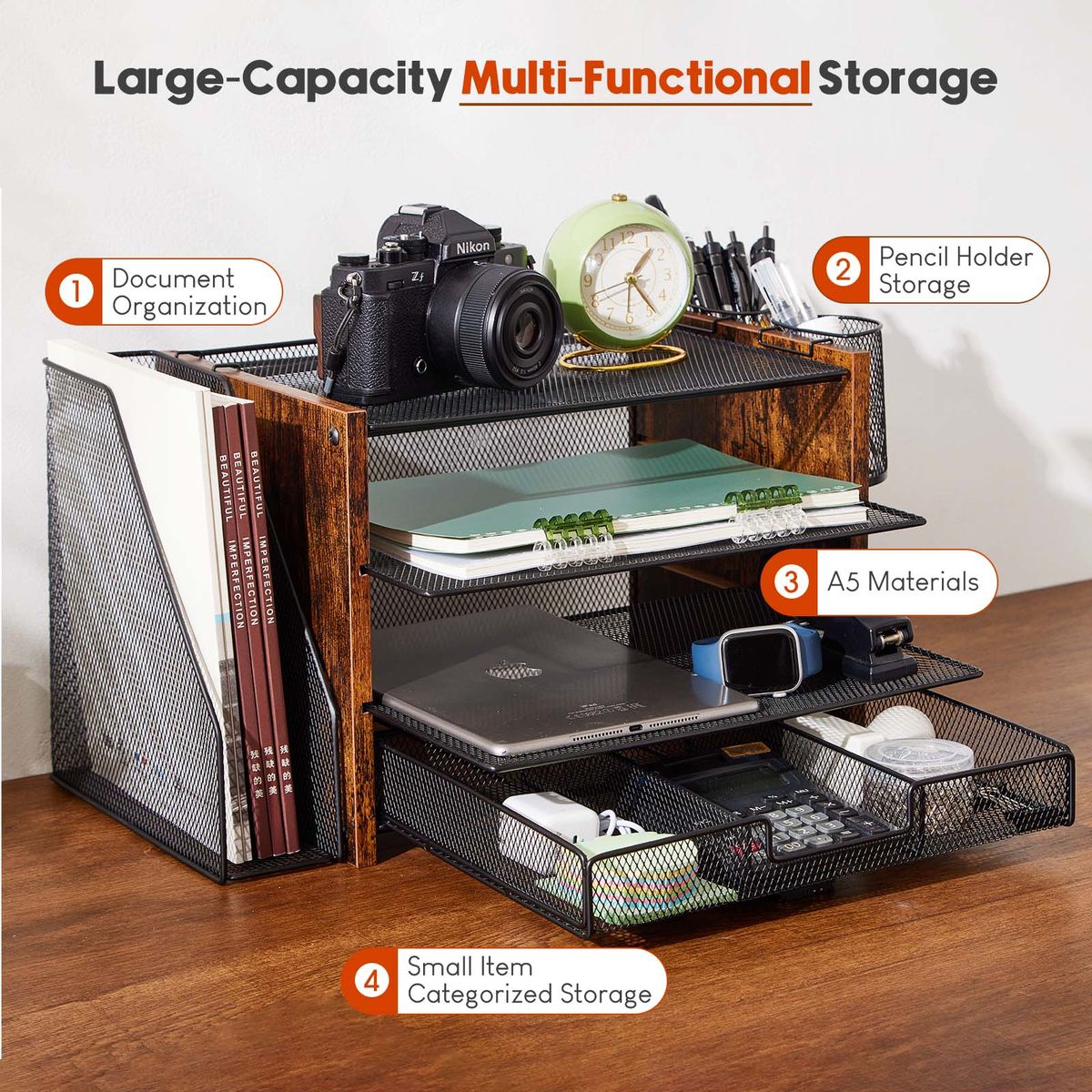 Chenshia 4-Tier Metal Desk Organiser Large Stationery & File Storage Rack