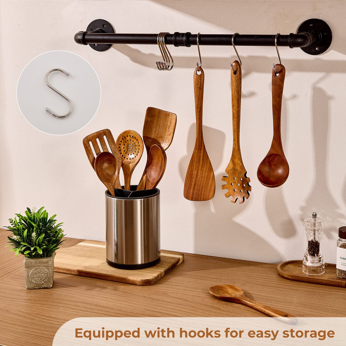 Acacia Wooden Utensils Set with 10 Hooks - 10Pc