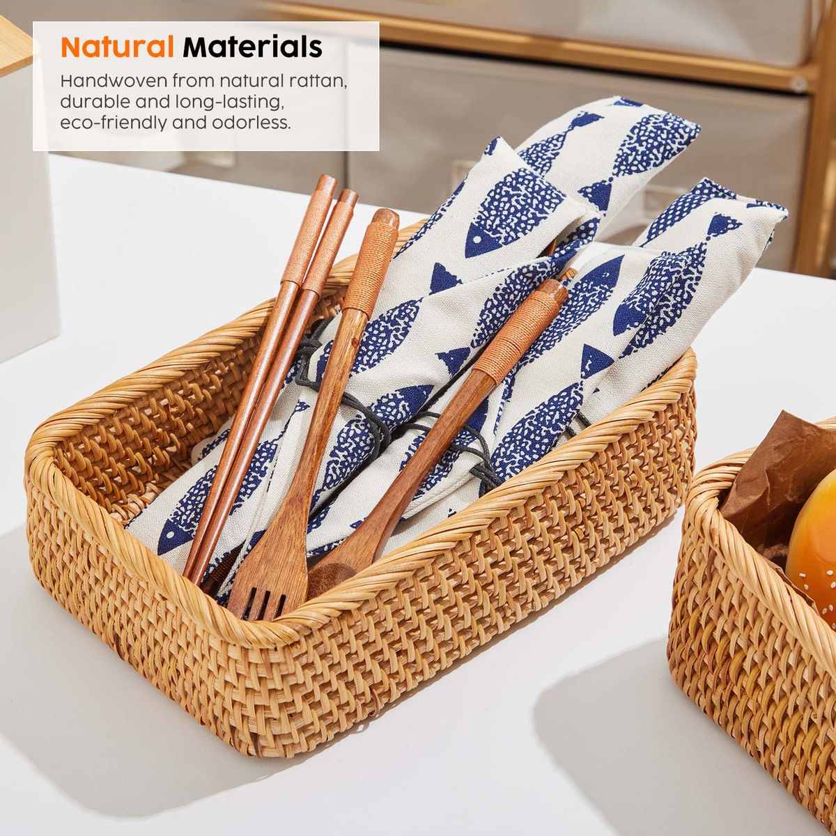 Rattan Storage Baskets 3Pc Handwoven Rectangular Nesting Wicker Trays