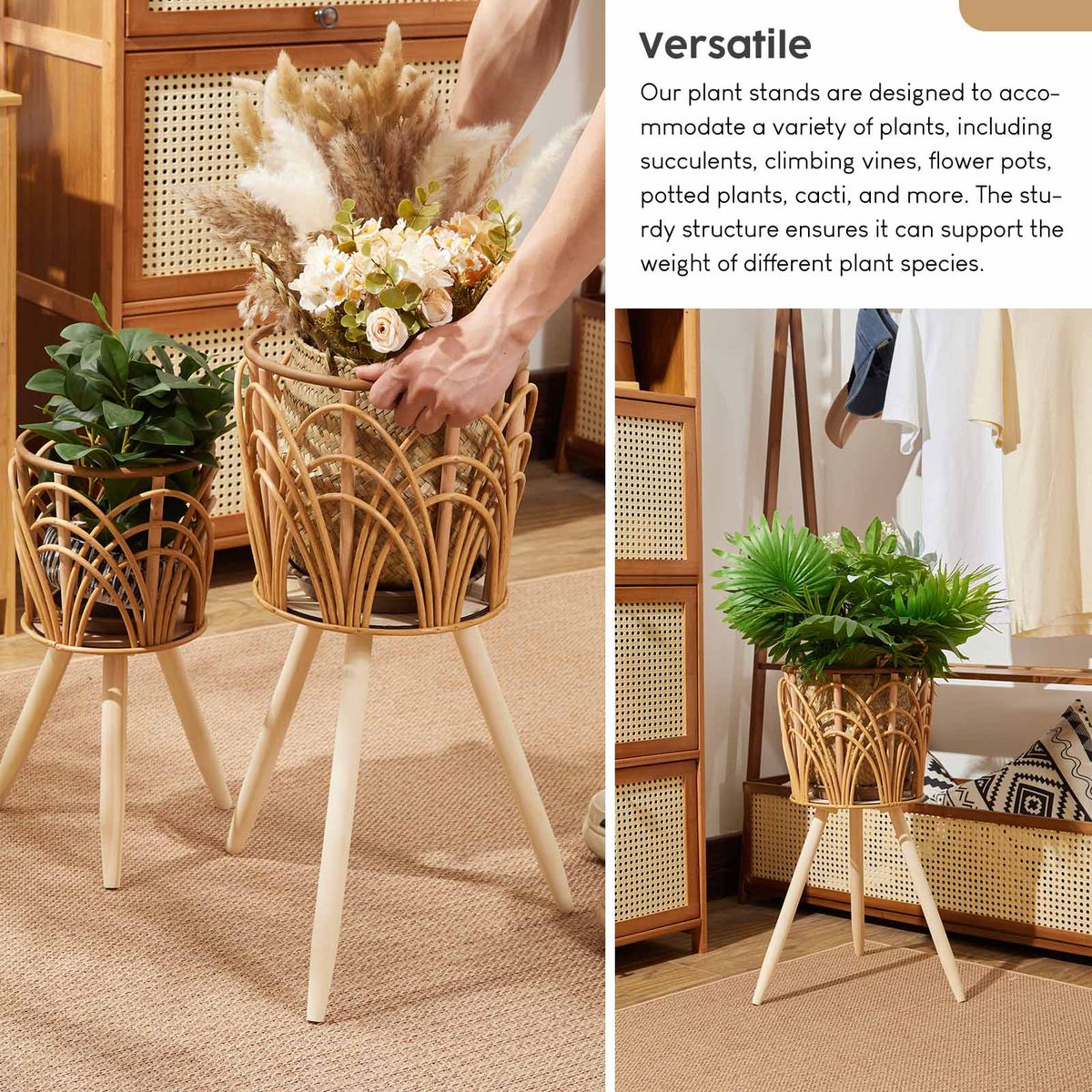 Rattan Handwoven Flower Basket Stand Set