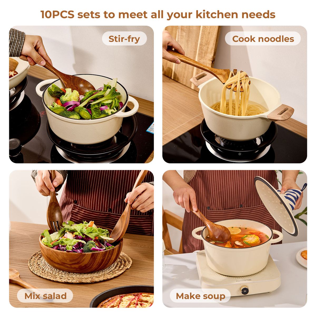 Acacia Wooden Utensils Set with 10 Hooks - 10Pc