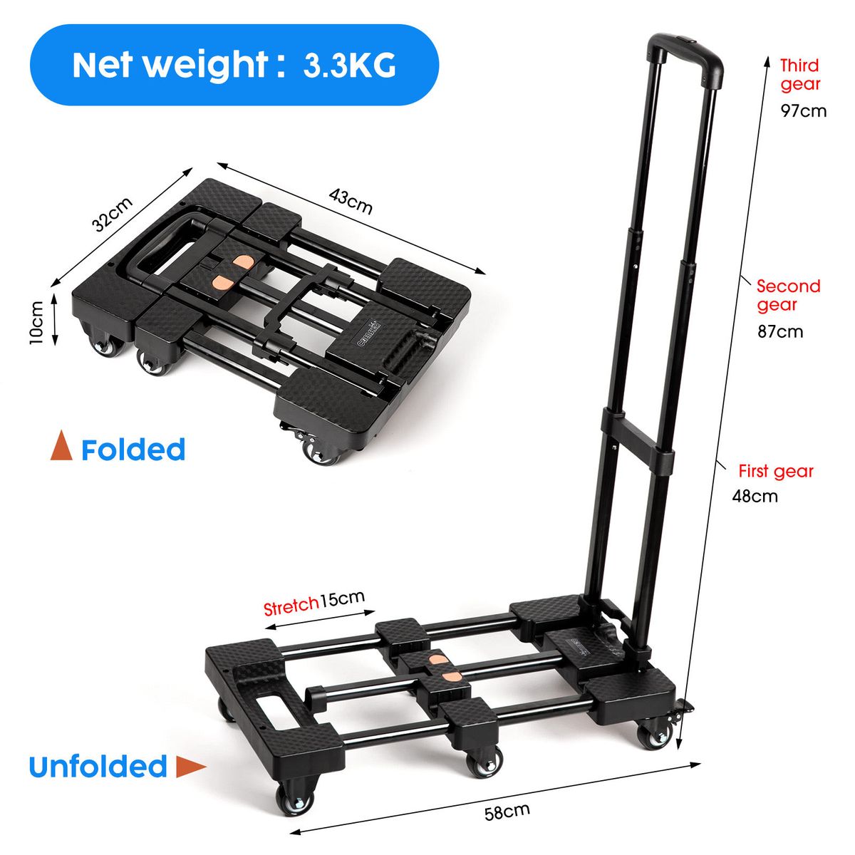 Chenshia 200KG Folding Trolley 6-Wheel Heavy Duty Dolly & Adjustable Ropes