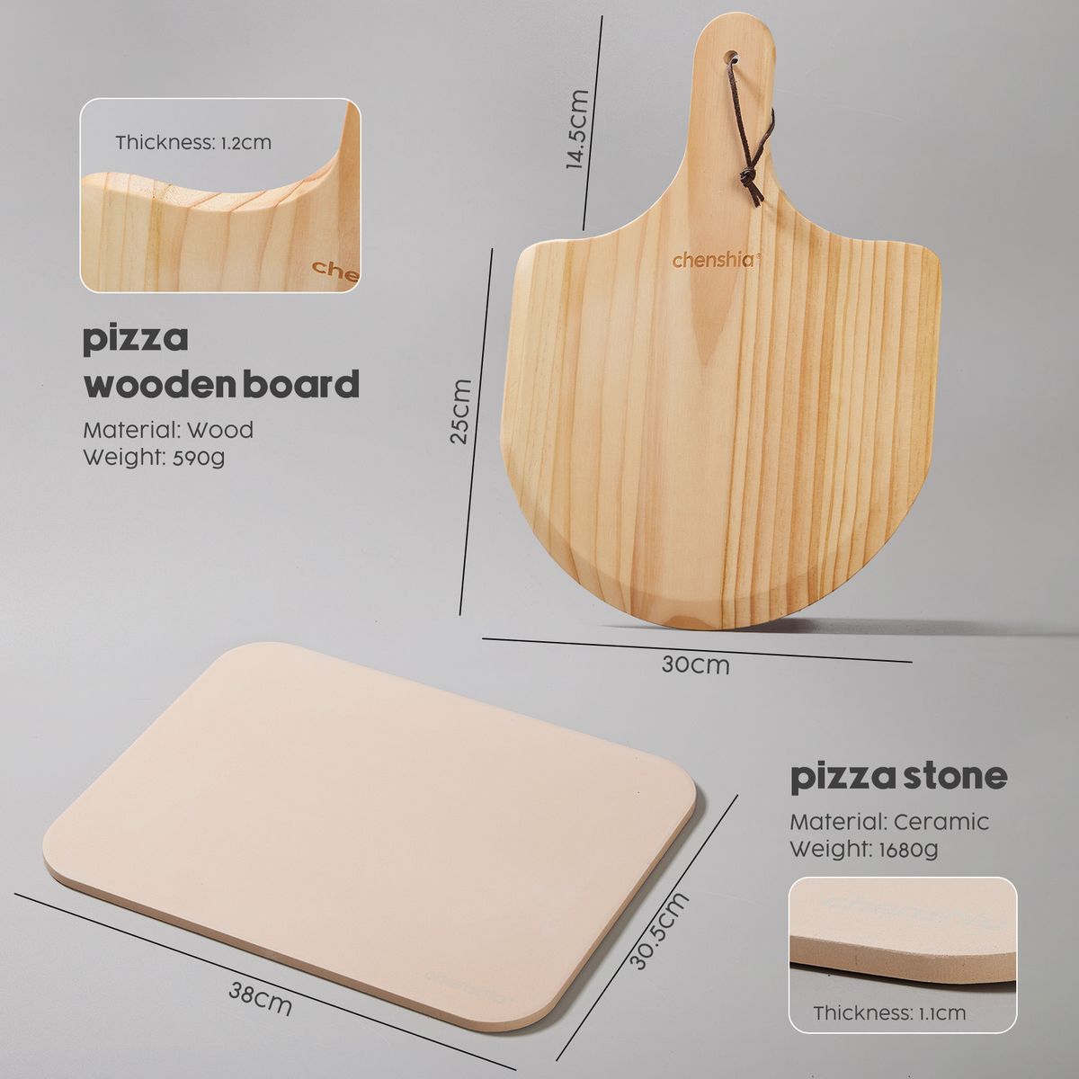Pizza Stone & Wooden Peel Set - Cordierite Baking Tray Oven Grill BBQ