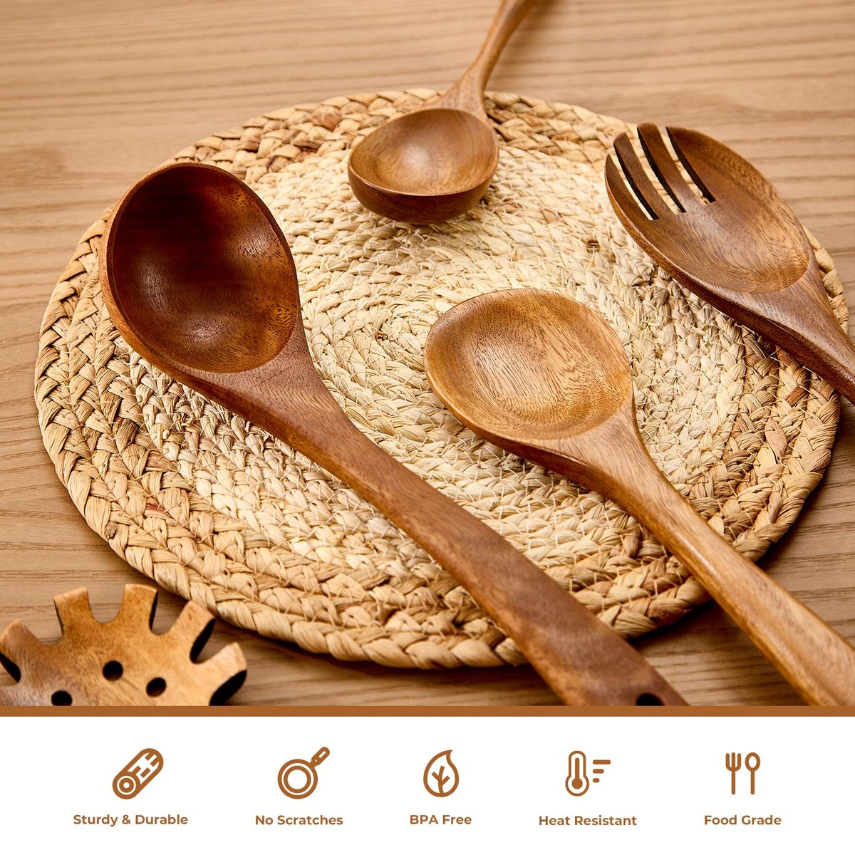 Acacia Wooden Utensils Set with 10 Hooks - 10Pc