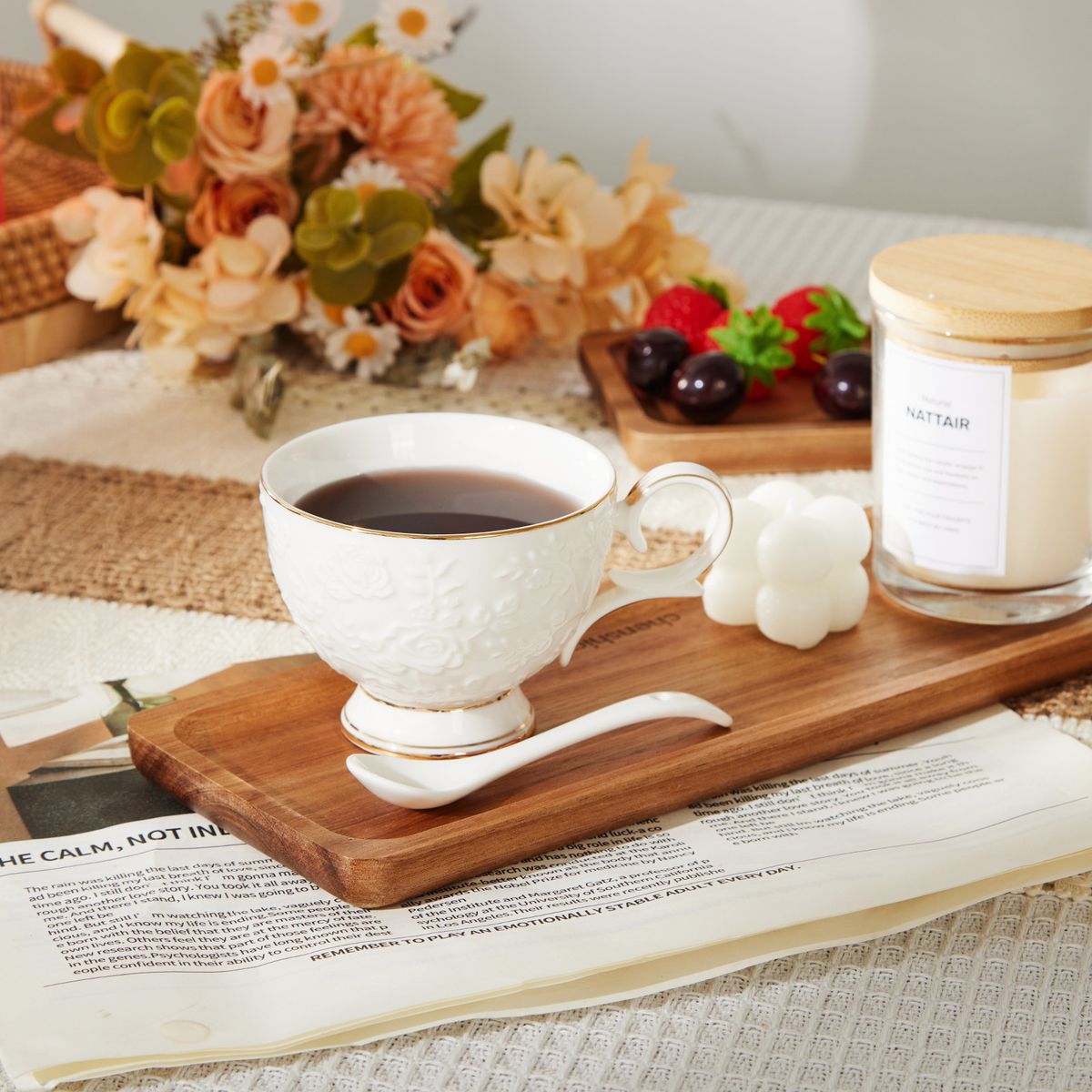 5-Piece Acacia Wood Serving Tray Tabletop Decorative Organiser Tray - Rectangle