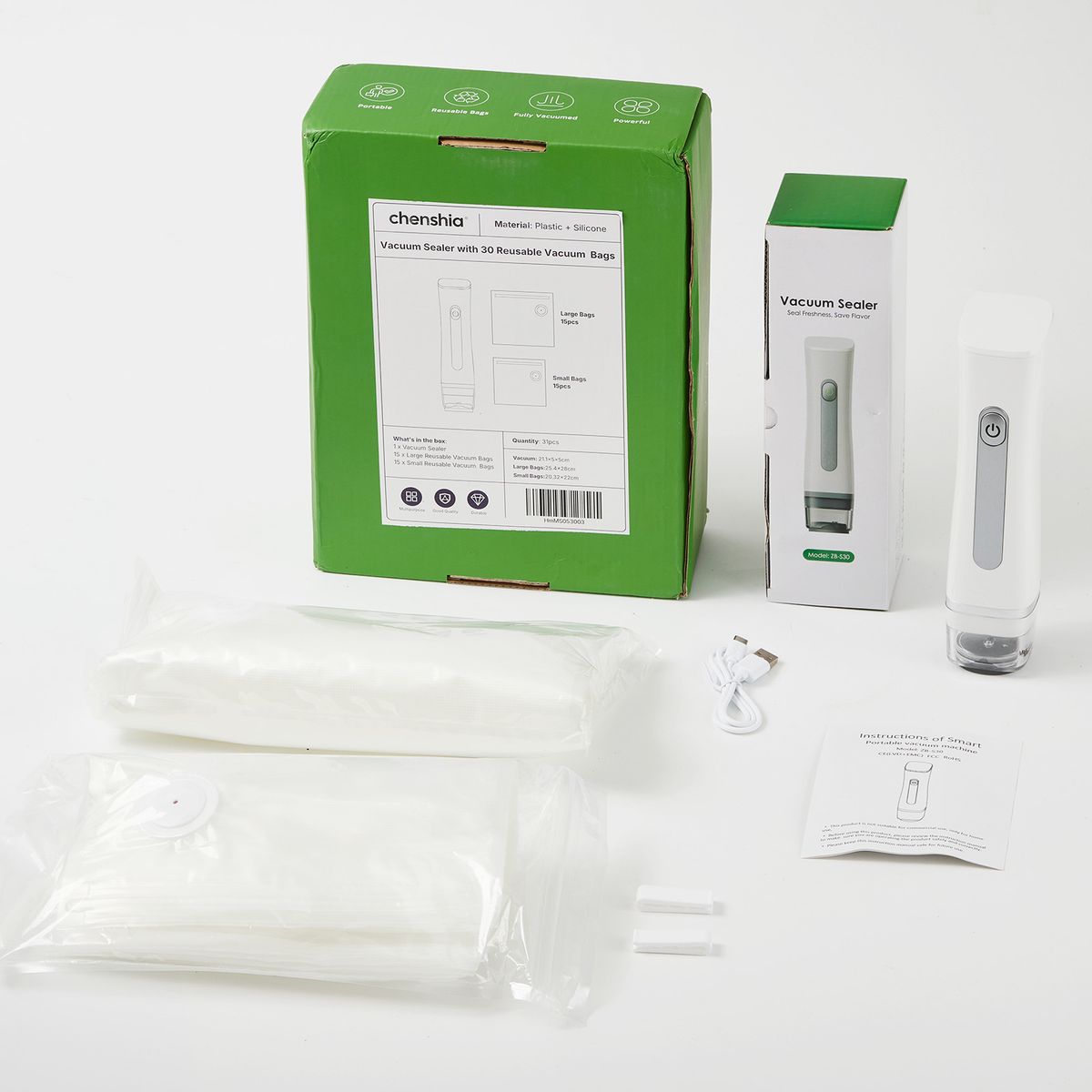 Rechargeable Handheld Vacuum Sealer with 30 Reusable Bags