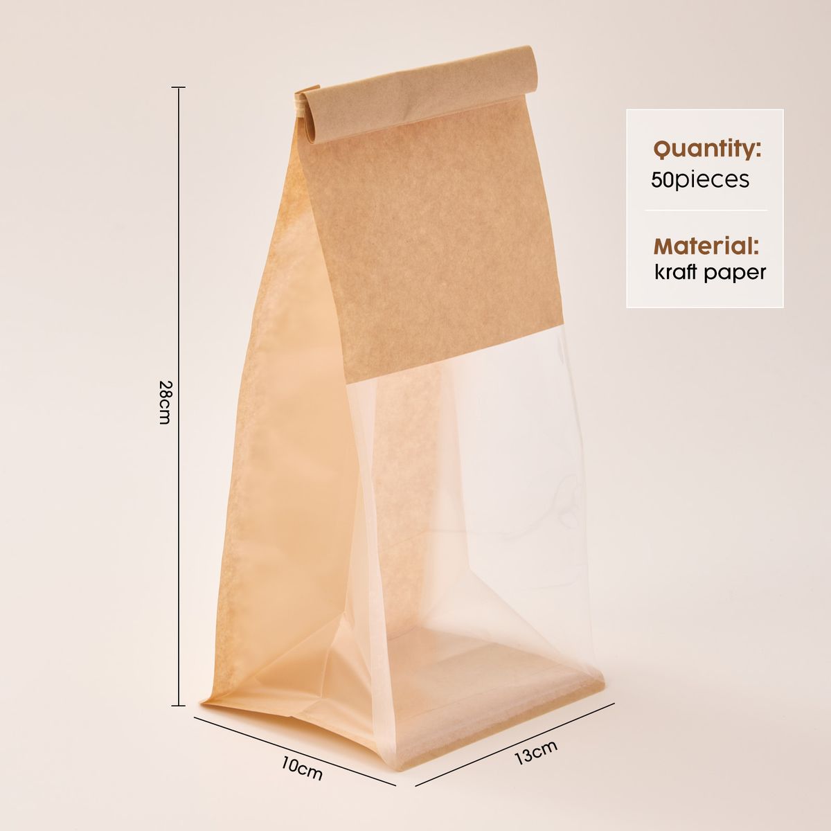 Kraft Paper Bags with Window - 50-Pack
