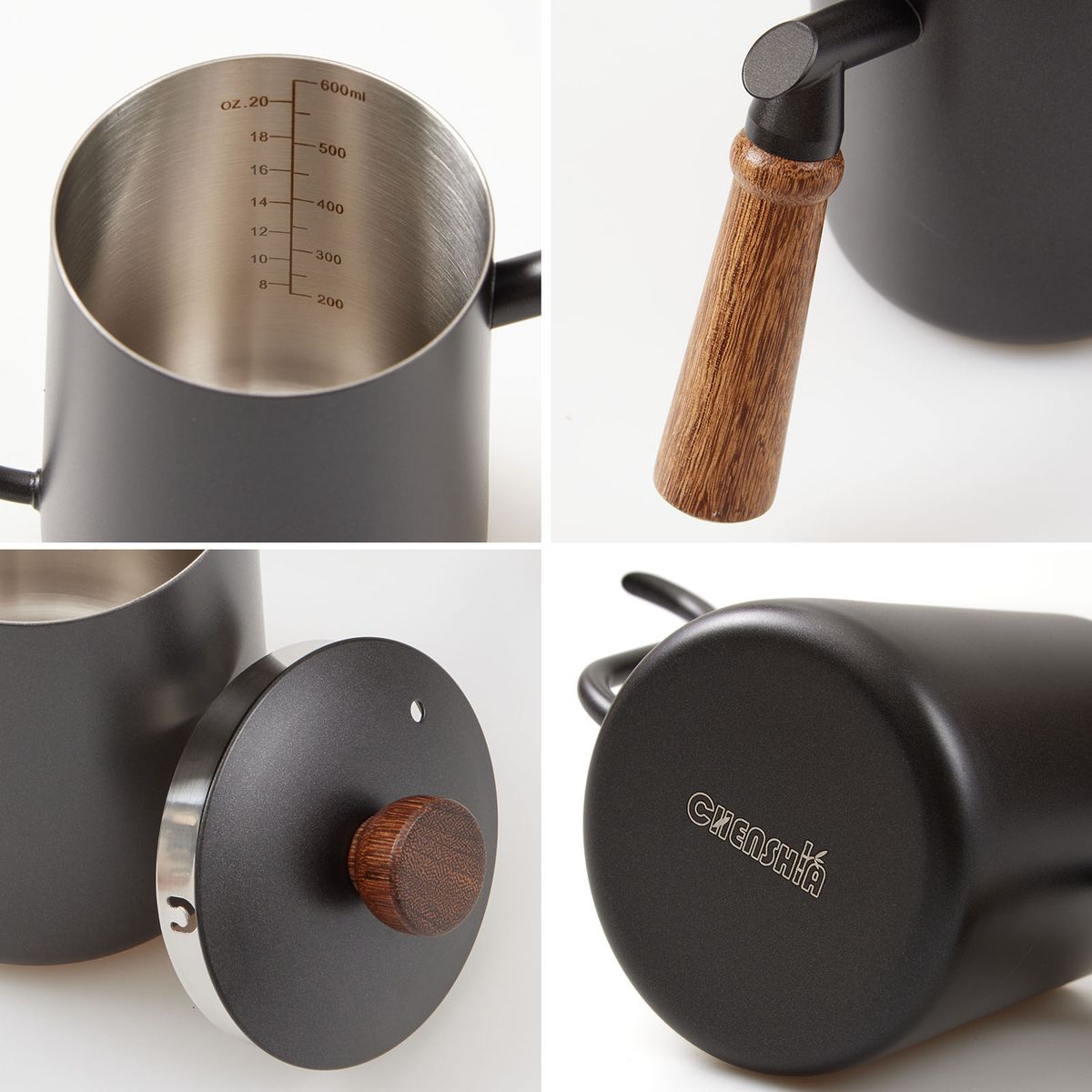 600ml Gooseneck Coffee Kettle Matte Black & Wood Pour Over Brewer