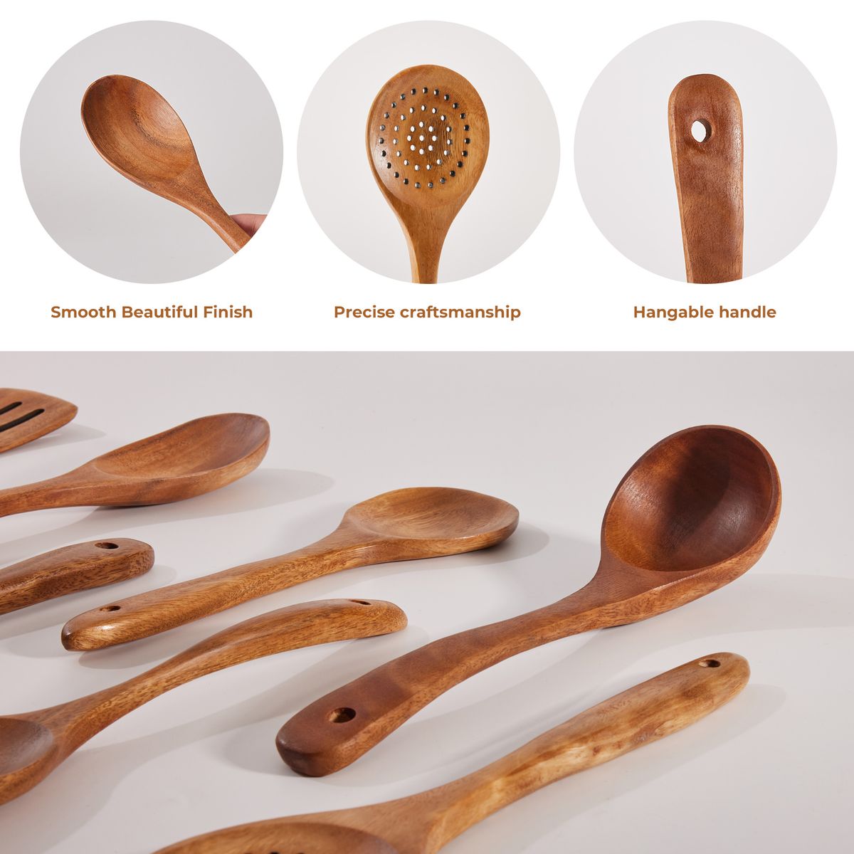 Acacia Wooden Utensils Set with 10 Hooks - 10Pc