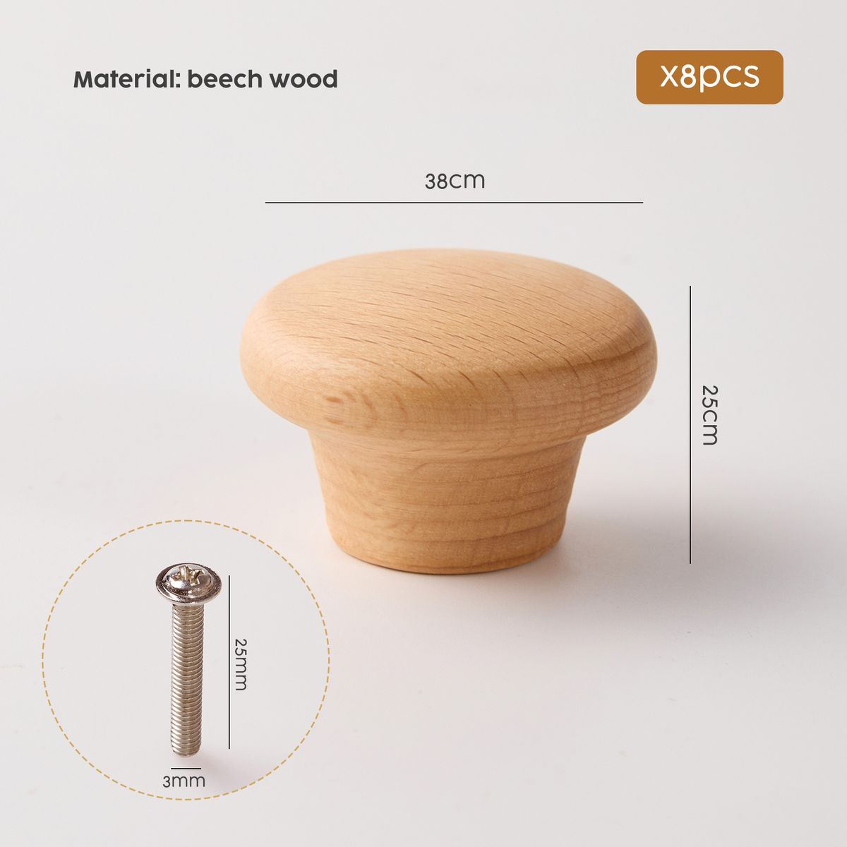 8Pc Round Wooden Mushroom Drawer Knobs with Screws