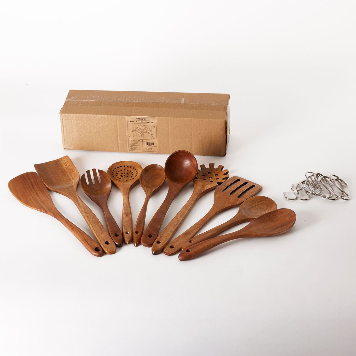 Acacia Wooden Utensils Set with 10 Hooks - 10Pc