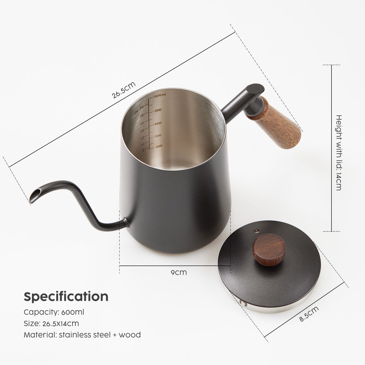 600ml Gooseneck Coffee Kettle Matte Black & Wood Pour Over Brewer