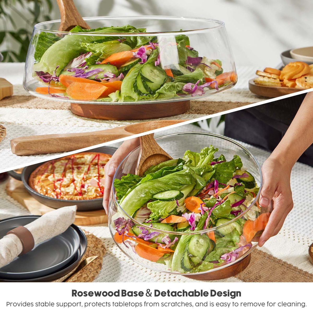 Glass Salad Bowl Set with Acacia Wooden Base & Utensils