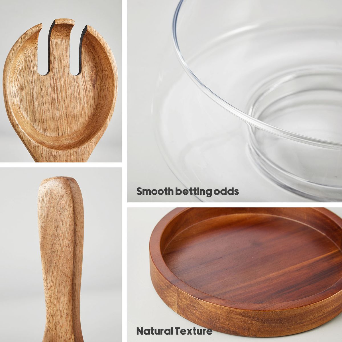 Glass Salad Bowl Set with Acacia Wooden Base & Utensils
