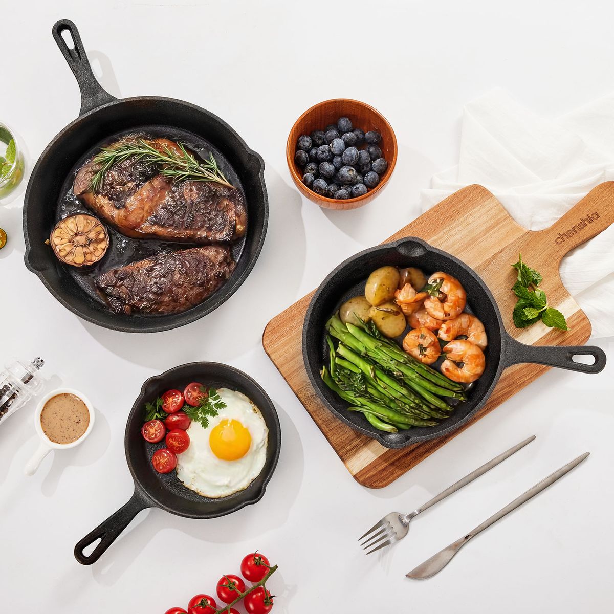 Cast Iron Skillet Pan Set 3-Piece Pre Seasoned Frying Grill Cookware