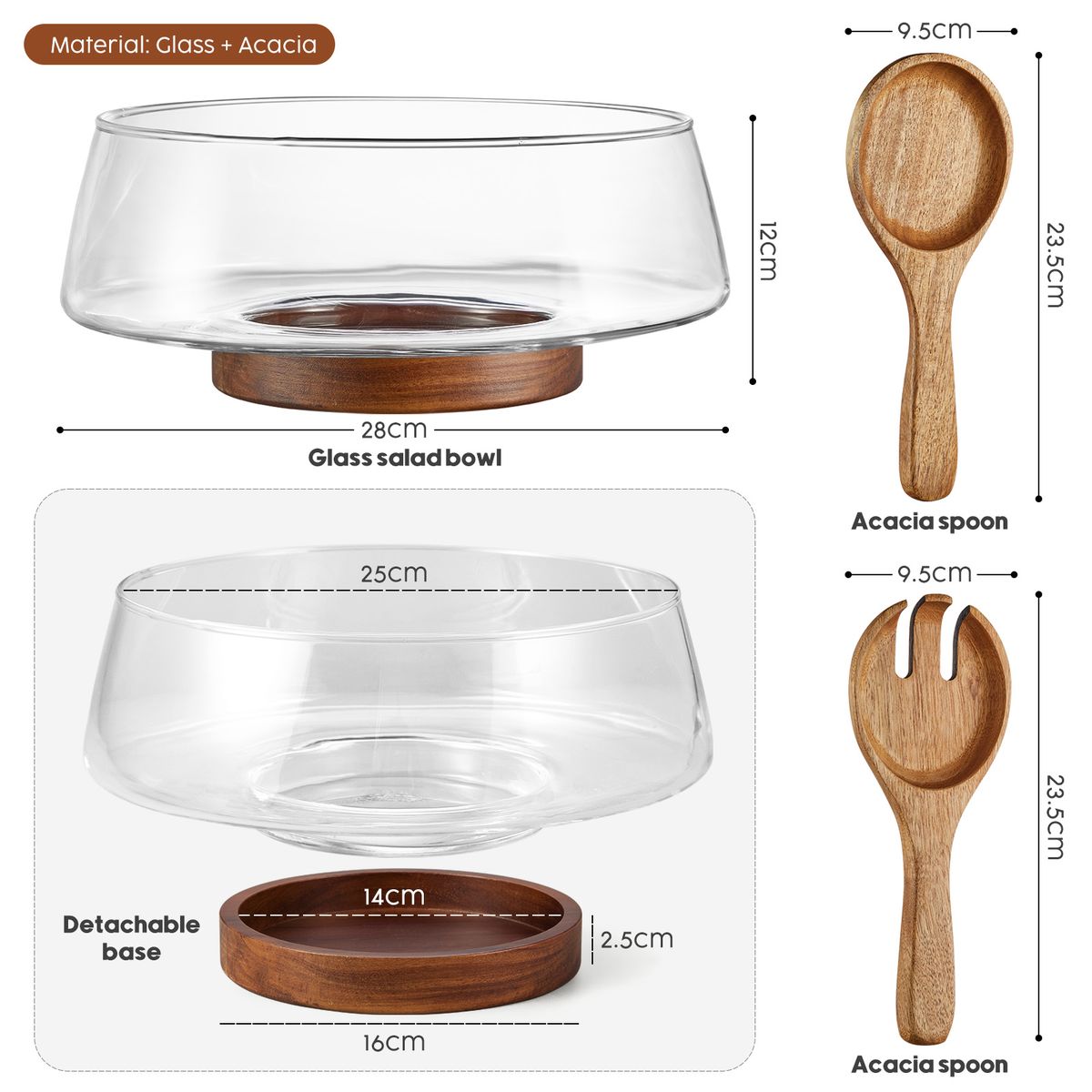 Glass Salad Bowl Set with Acacia Wooden Base & Utensils