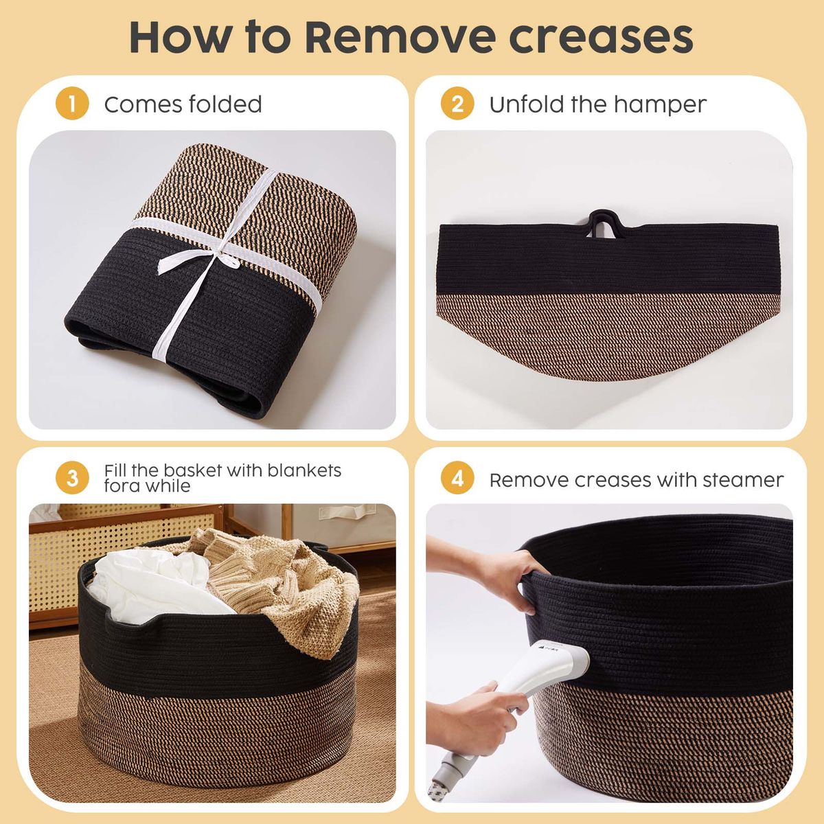 90L Woven Laundry Basket Foldable Storage Hamper - Black & Brown