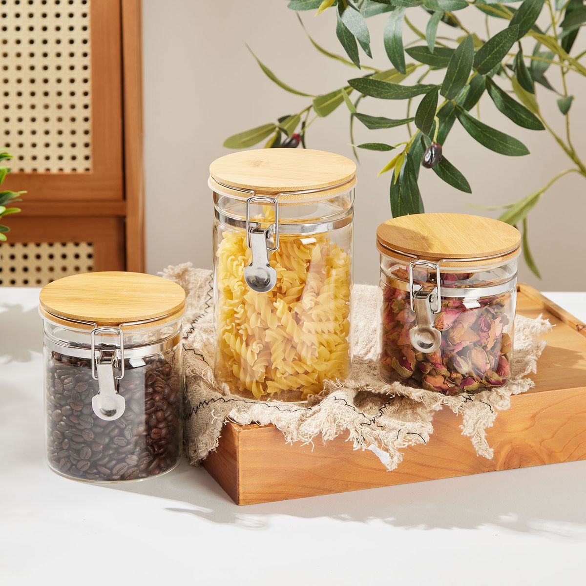 Glass Storage Jars Set of 3 Airtight Kitchen Canisters