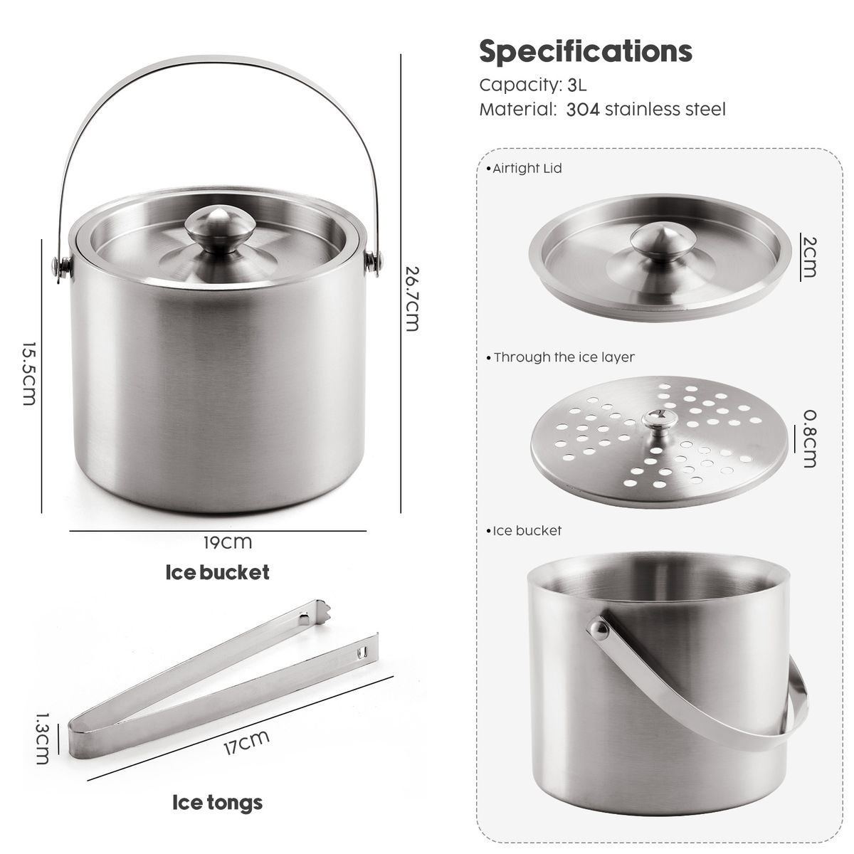 3L Stainless Steel Double Wall Ice Bucket with Lid, Tongs & Strainer