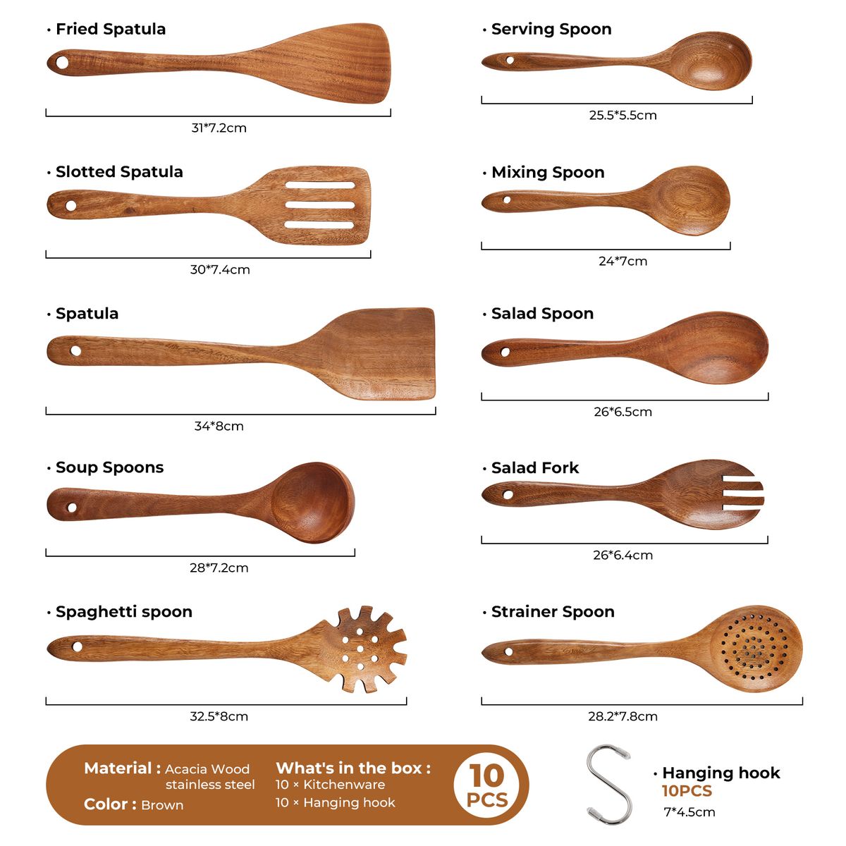 Acacia Wooden Utensils Set with 10 Hooks - 10Pc