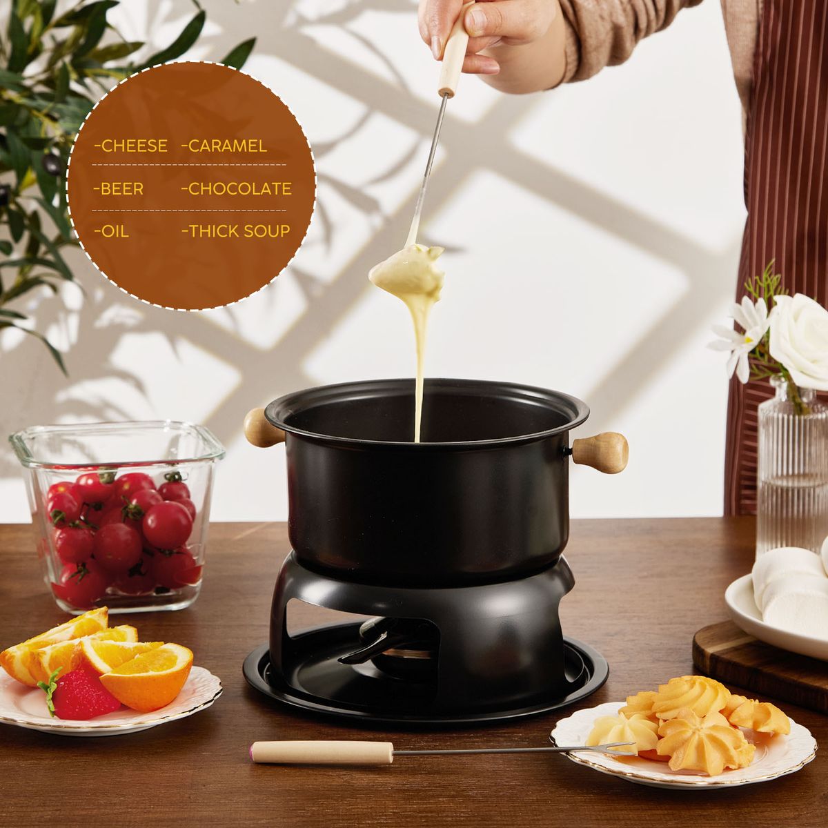 Chenshia 1.5L Fondue Set Non-Stick Chocolate & Cheese Hot Pot & 6 Fork Set