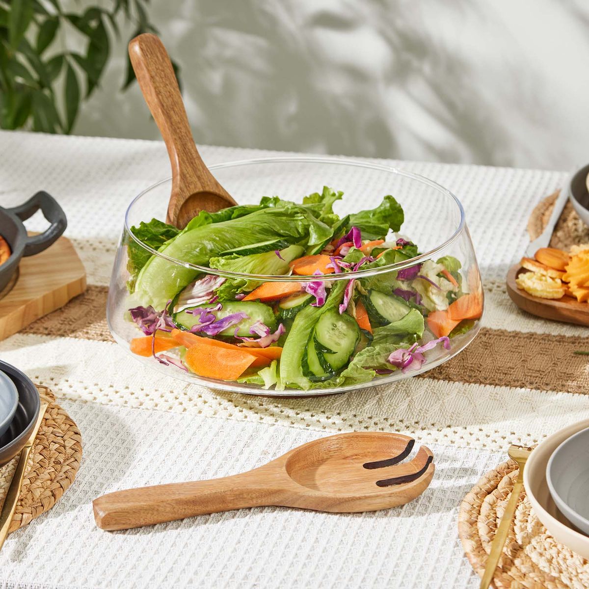 Glass Salad Bowl Set with Acacia Wooden Base & Utensils