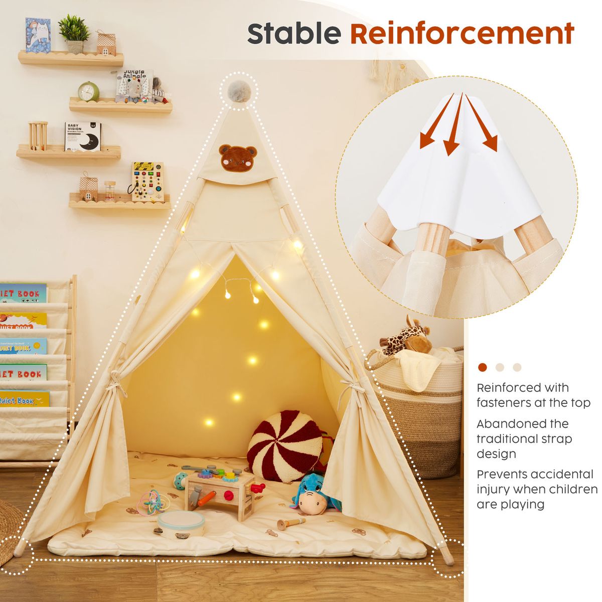 Cotton Canvas Kids Tent with Padded Mat & Starry Lights