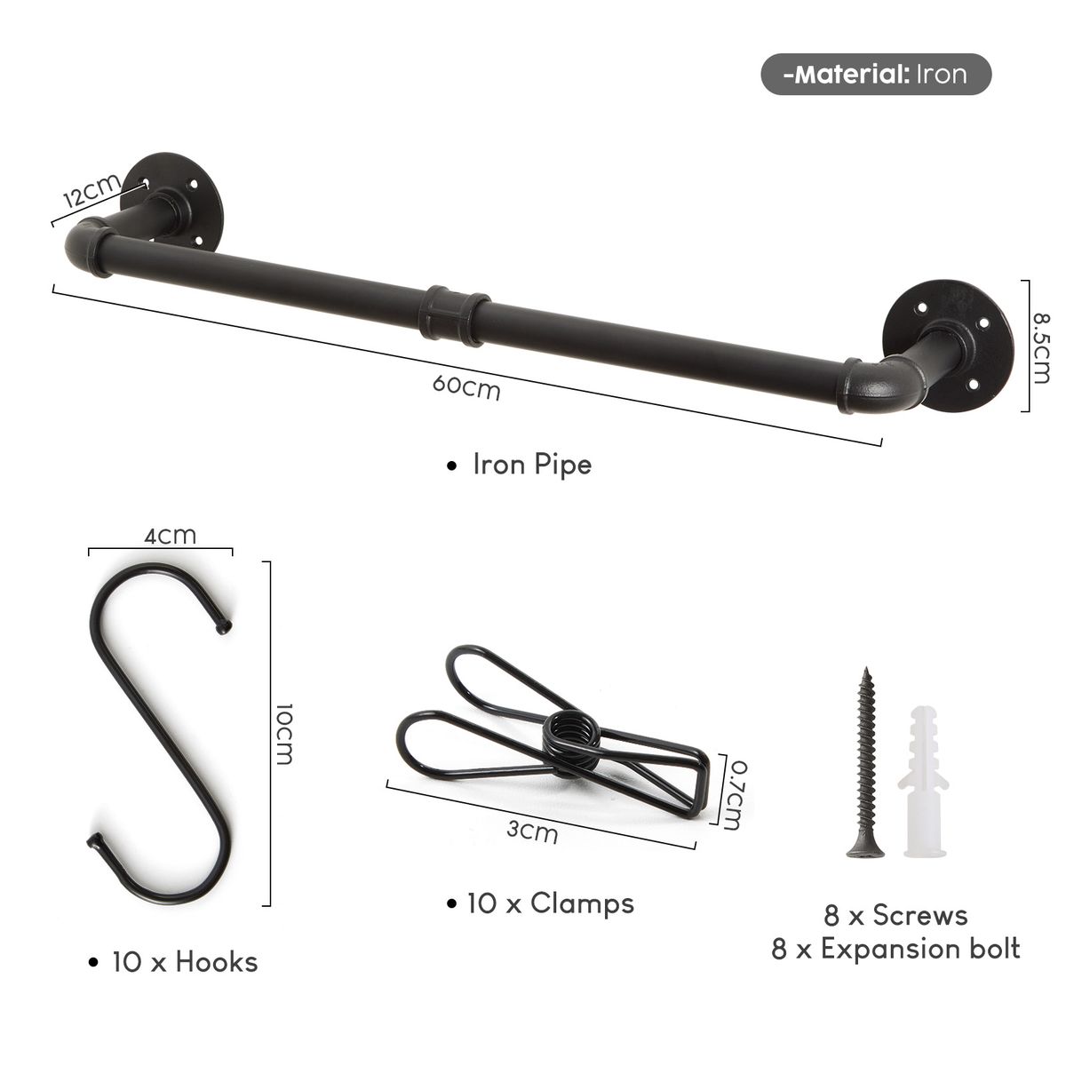Wall Mounted Clothes Rail 60cm Industrial Black Iron Garment Rack