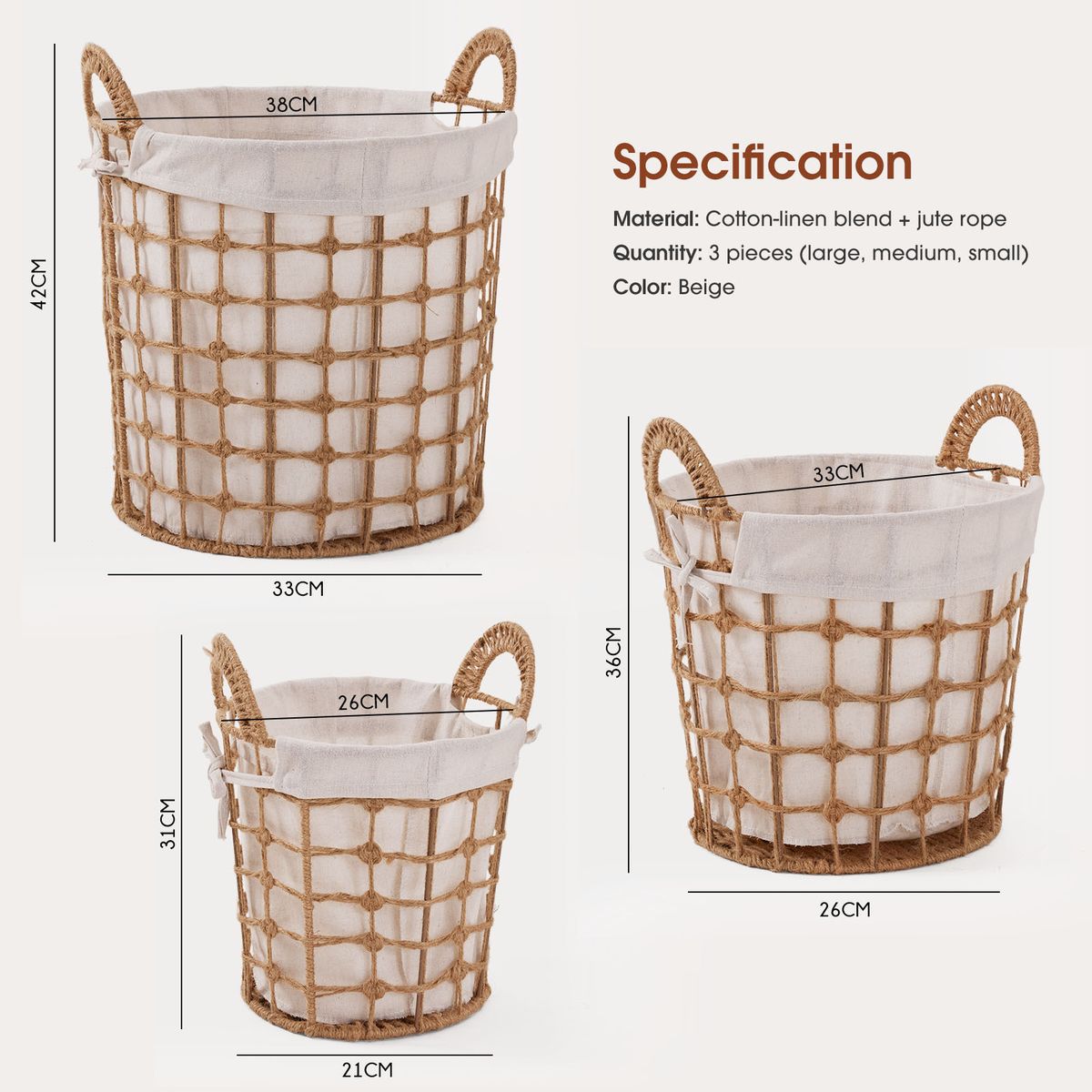 3Pc Woven Hemp Cotton Bedroom Laundry Toy Clothes Storage Basket