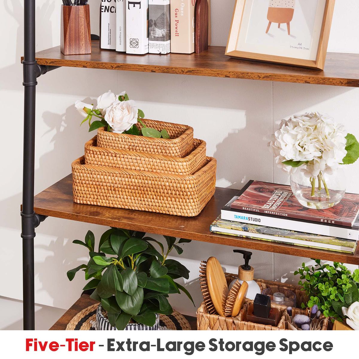 5-Tier Iron Pipe Open Shelf Storage Office Kitchen Floating Rack
