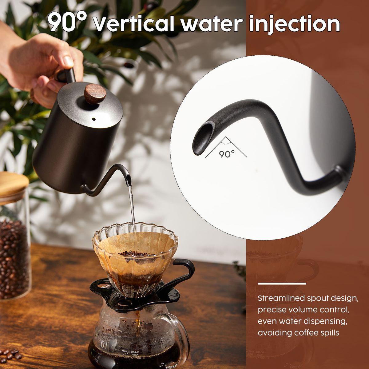 600ml Gooseneck Coffee Kettle Matte Black & Wood Pour Over Brewer