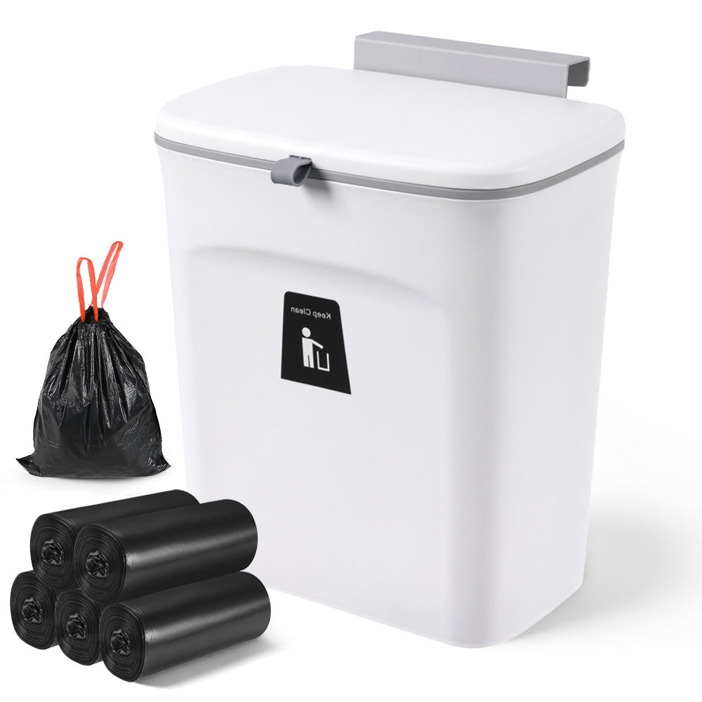 9 Litre Hanging Kitchen Trash Can with Lid & 100 Waste Bags