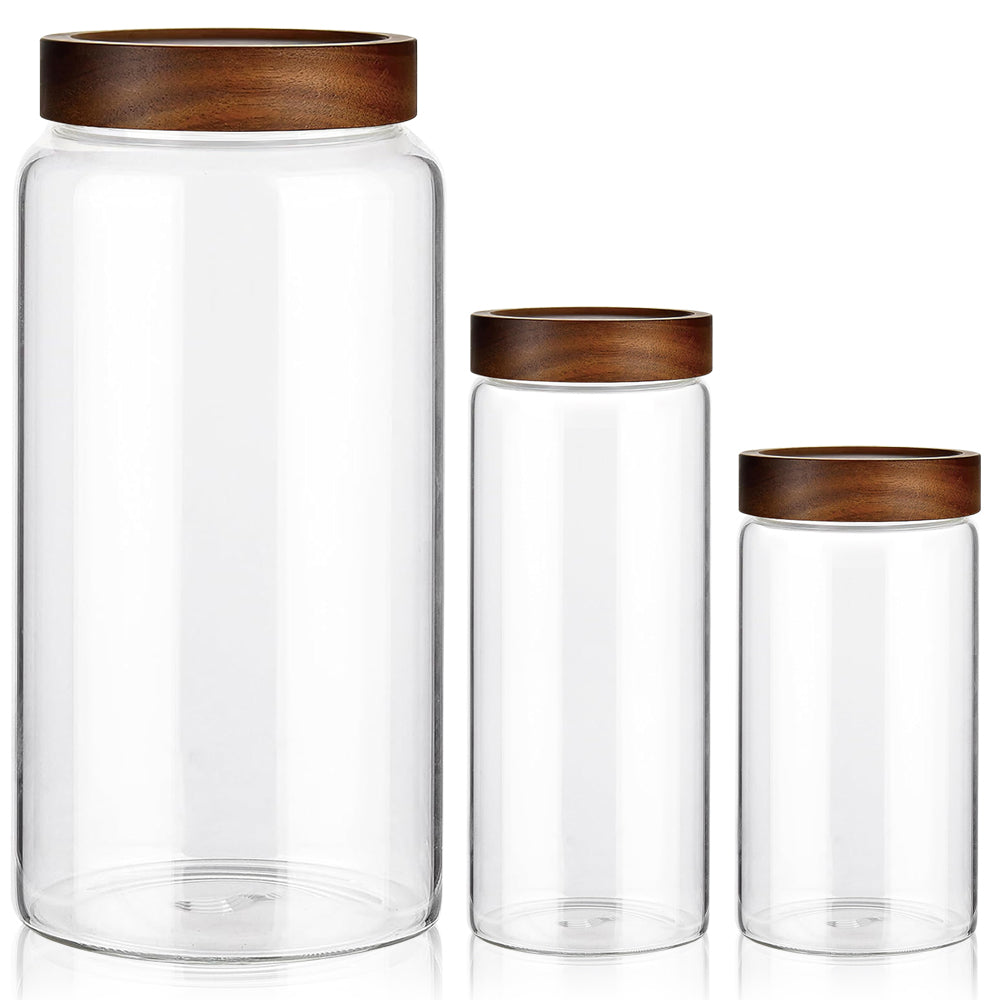 3Pc Acacia Wood Lid Airtight Glass Kitchen Pantry Food Storage Jar