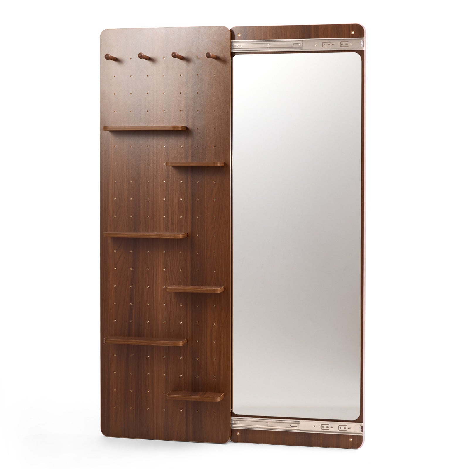 Full-Length Sliding Mirror with Solid Wood Pegboard & Hooks Storage - Brown