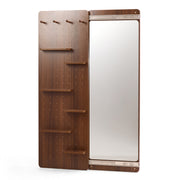 Full-Length Sliding Mirror with Solid Wood Pegboard & Hooks Storage - Brown
