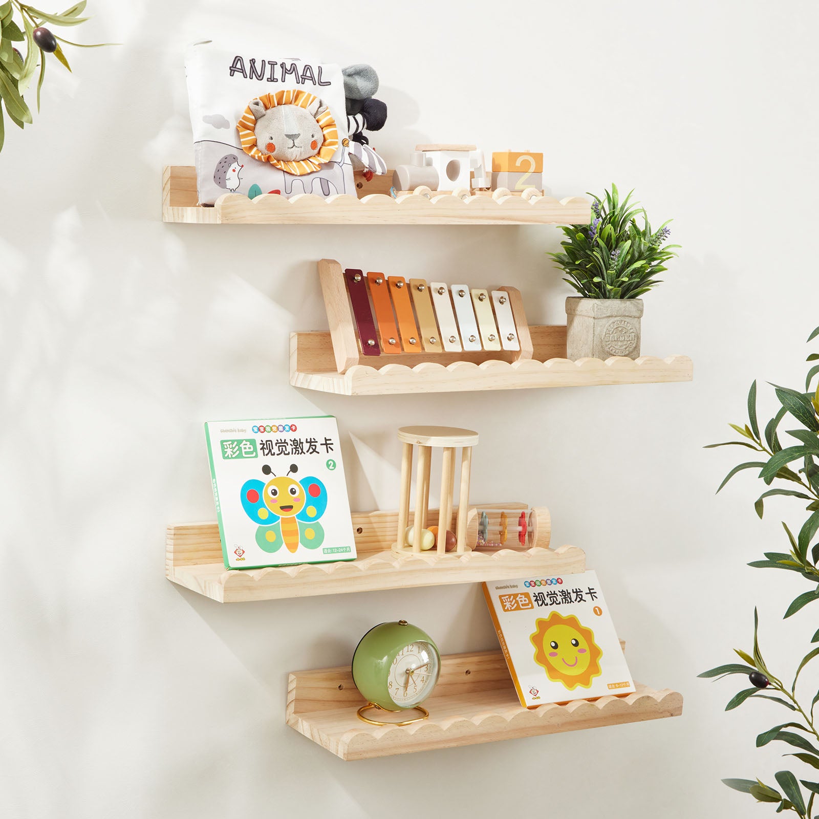 Wooden Wall-Mounted Floating Bookshelf - 4-Pack