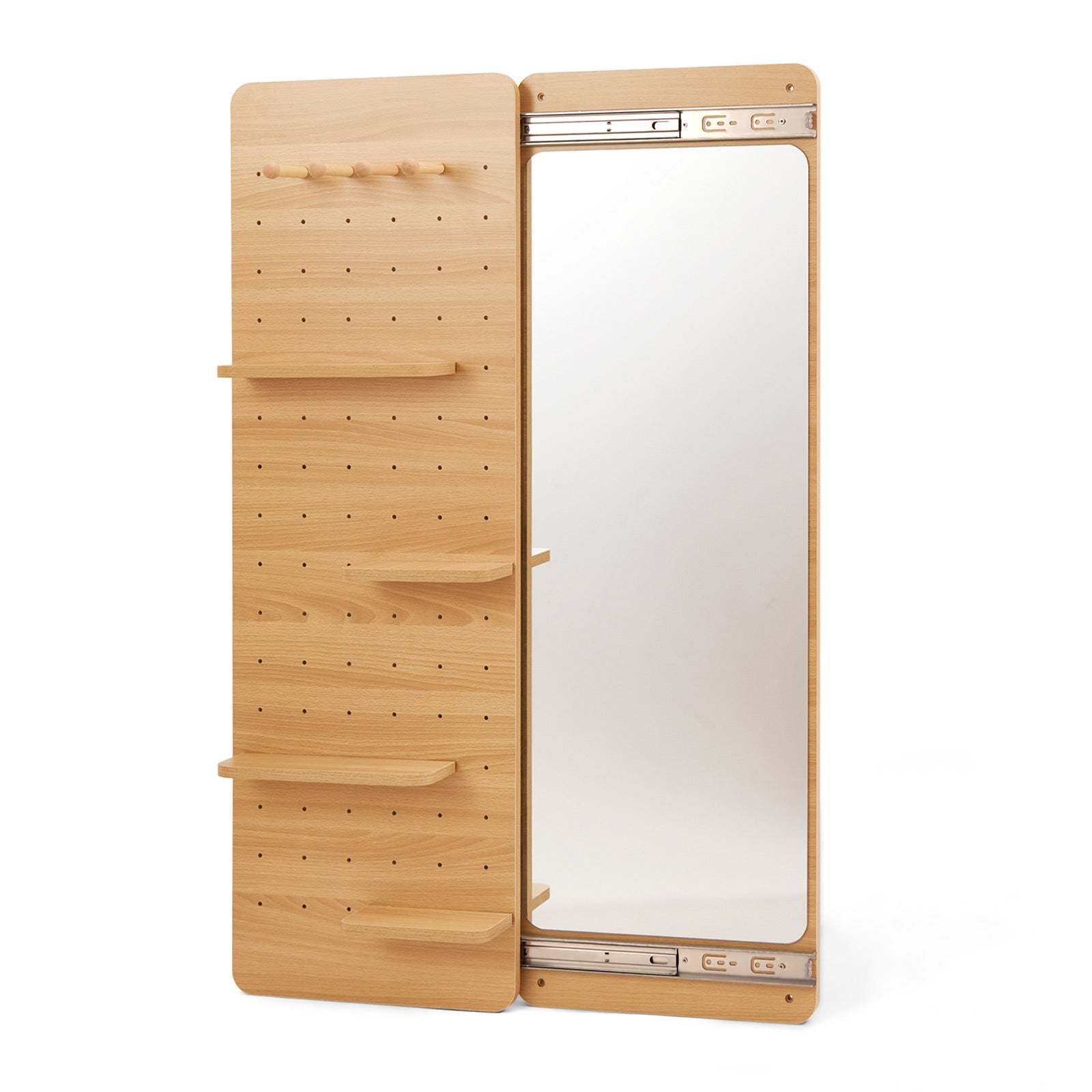 Full-Length Sliding Mirror with Solid Wood Pegboard & Hooks Storage