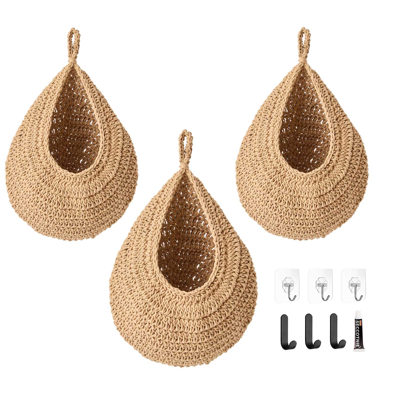Woven Hanging Fruit Baskets with 6 Hooks - 3 Pack