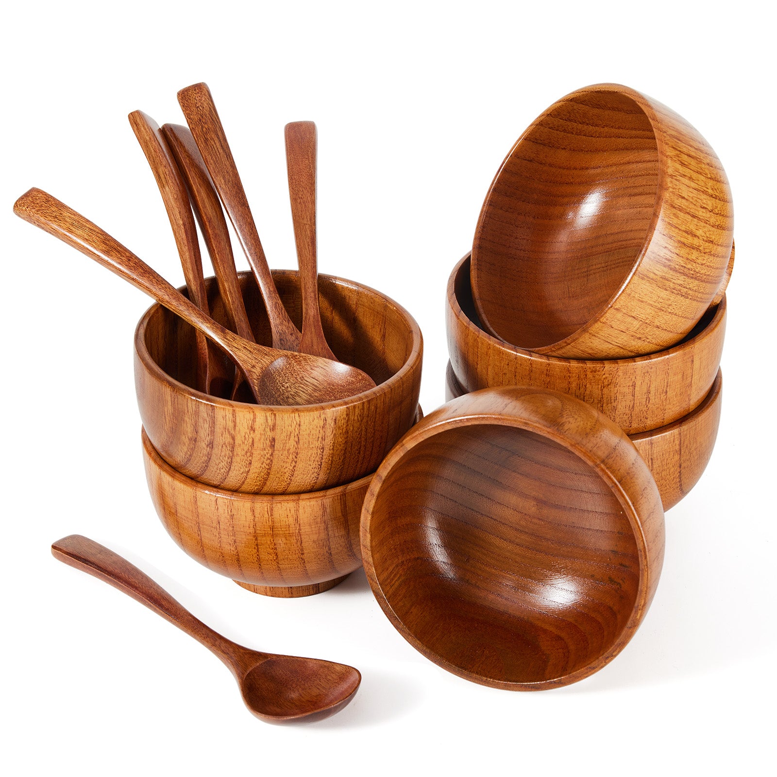 Wooden Poke Bowls Miso Soup Bowl Acai Smoothie Bowl Spoons Set - 6 bowls & 6 spoons