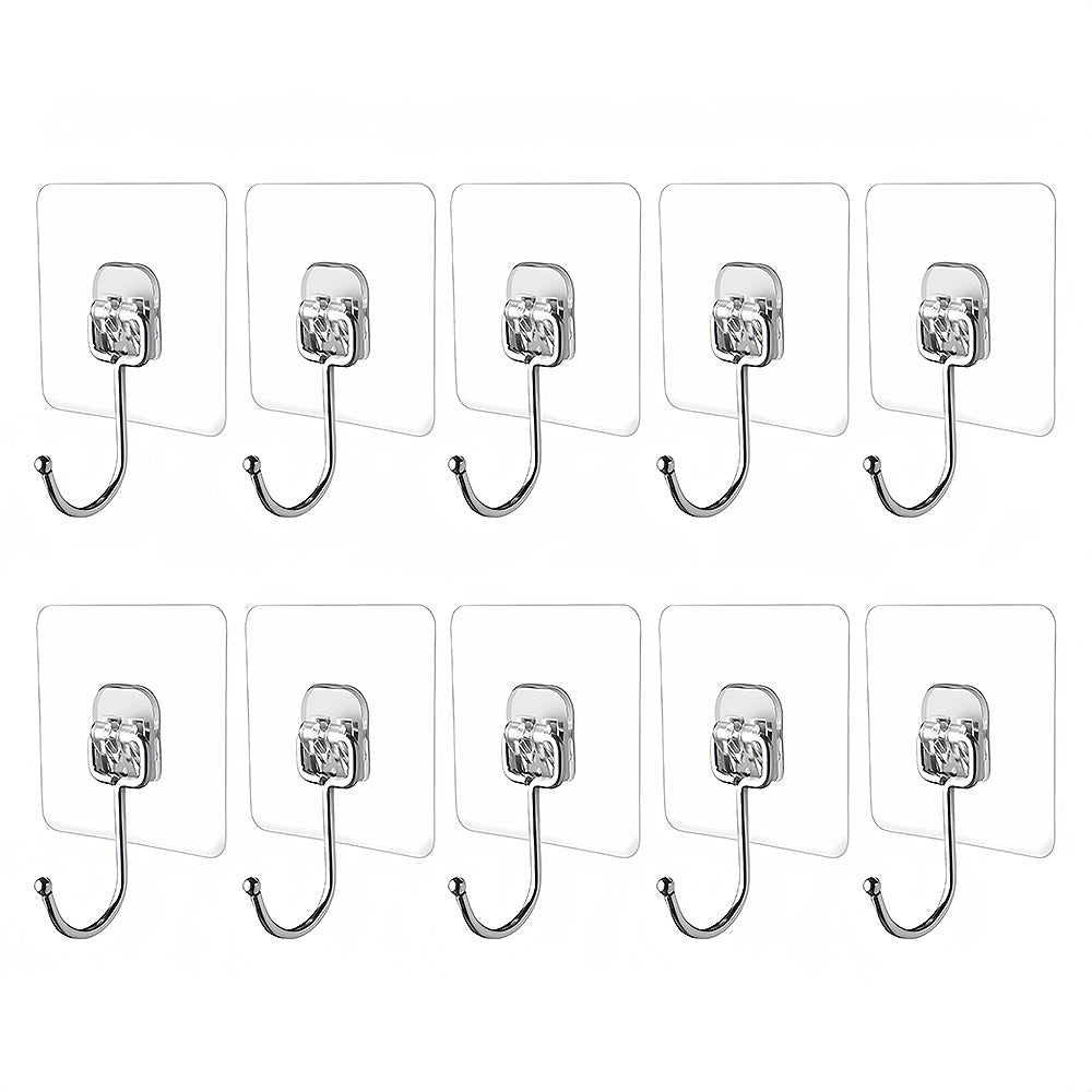 Self-Adhesive Hooks 10 Pack Transparent No Drill Heavy Duty Wall Hangers