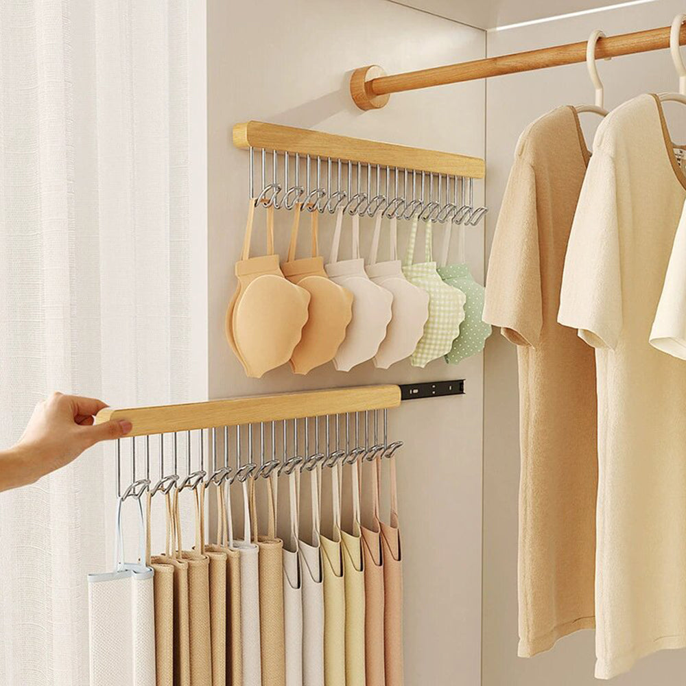 12-Hook Retractable Closet Pull Out Rack Wooden Clothes Hanger