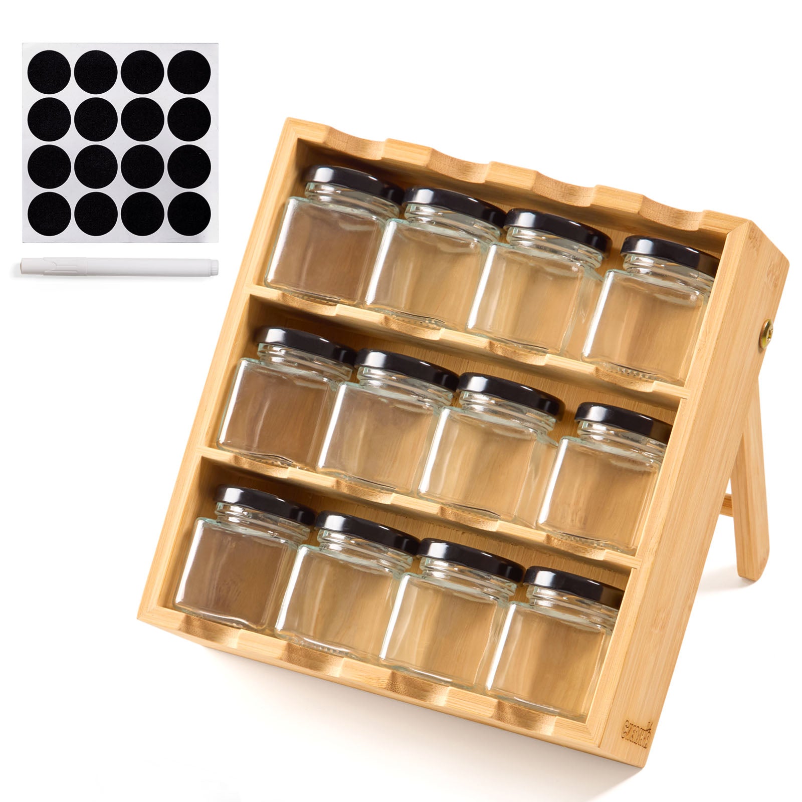 Chenshia 3 Tier Bamboo Spice Rack Shelf with 12 Glass Jars Storage & Labels