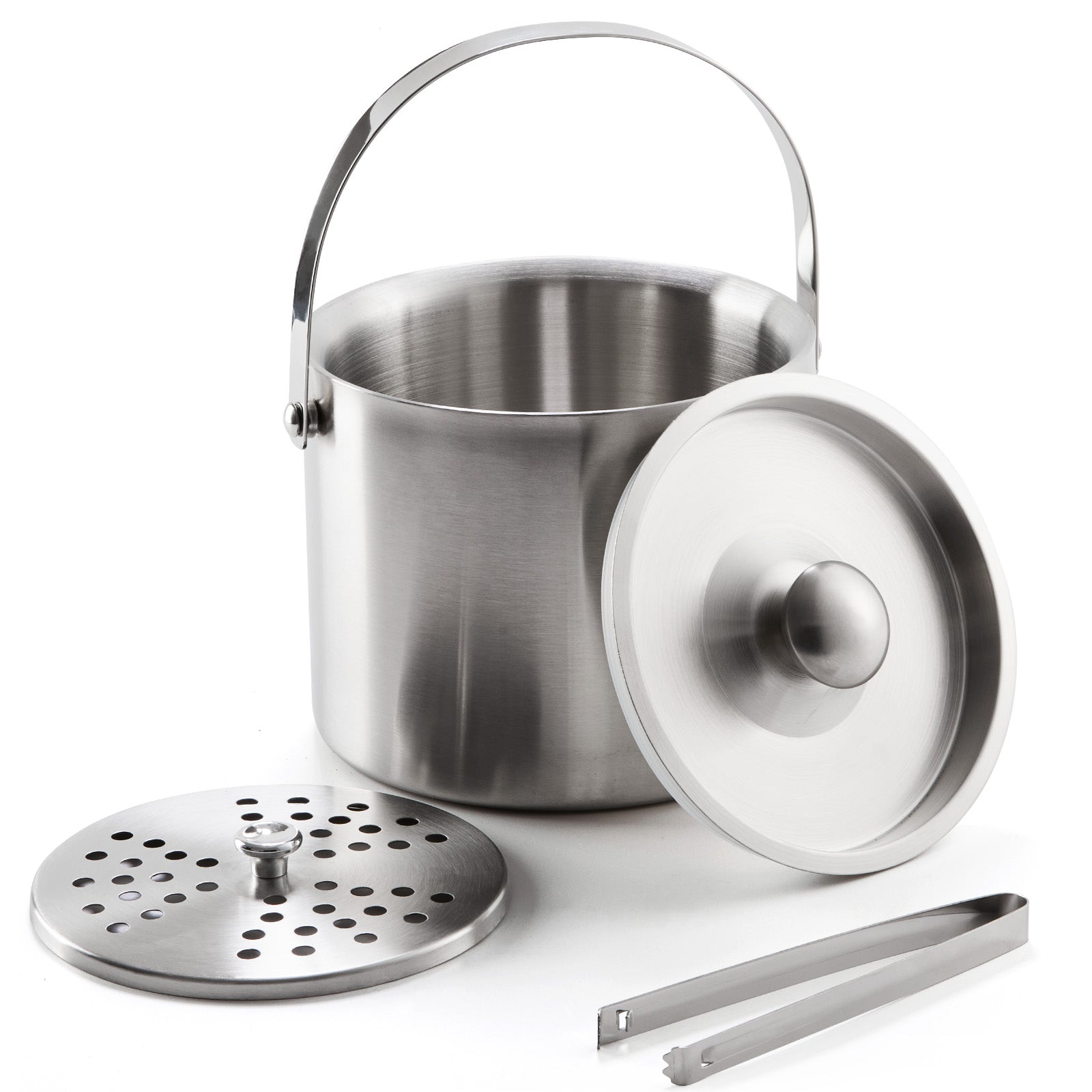 3L Stainless Steel Double Wall Ice Bucket with Lid, Tongs & Strainer